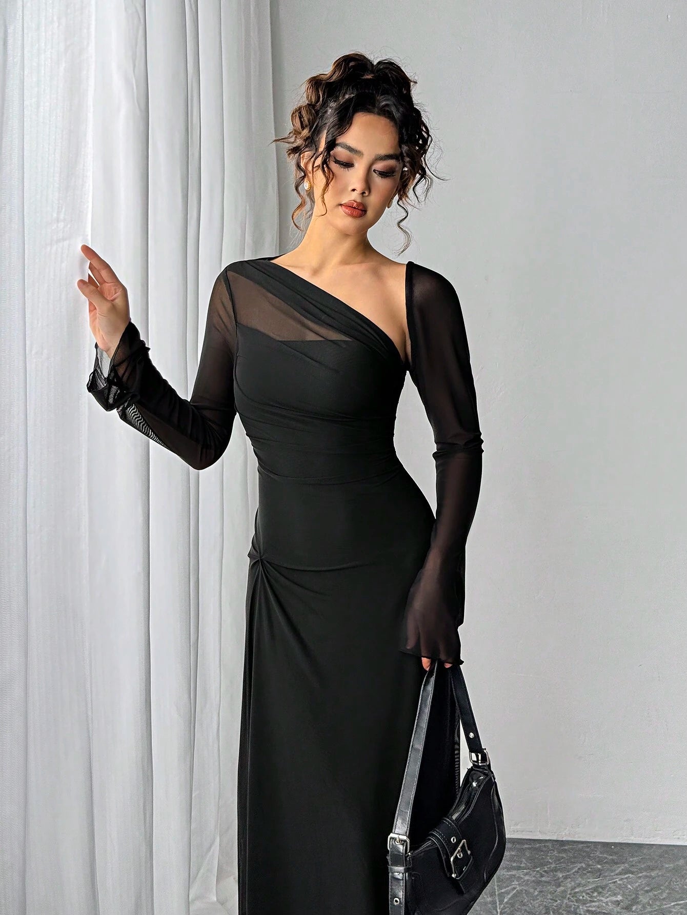Siren Gaze Autumn Women's Black Mesh Slim Long-Sleeved Dress shein