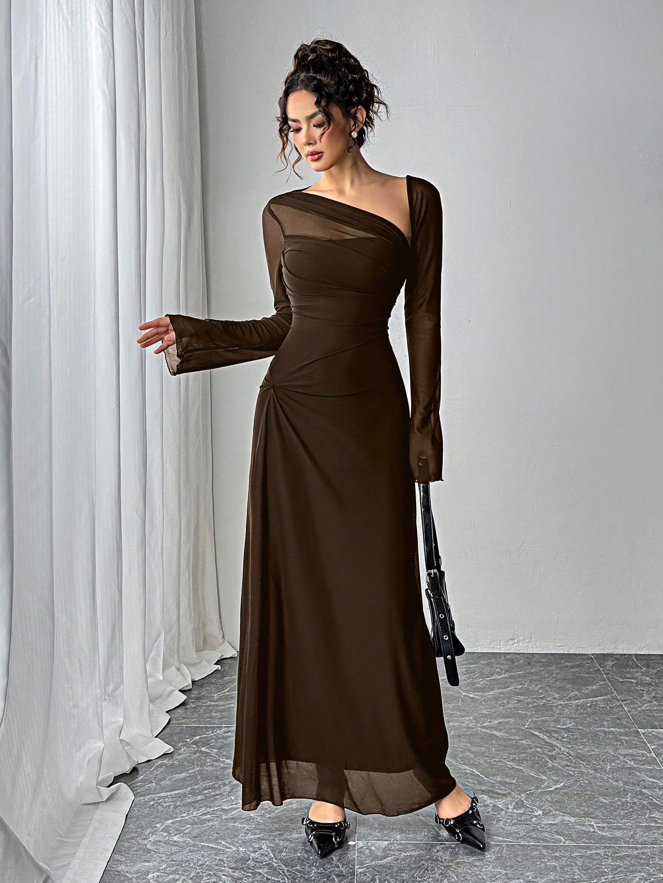Siren Gaze Autumn Women's Black Mesh Slim Long-Sleeved Dress shein