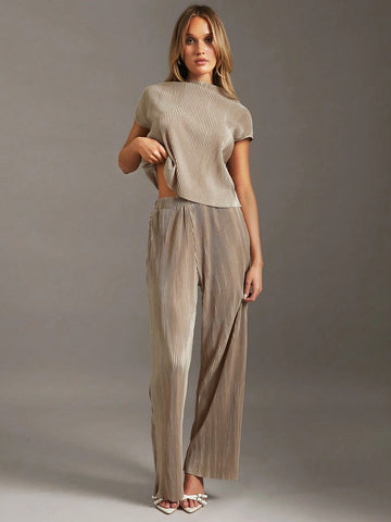 Essnce Solid Color Stand Collar Top With Cap Sleeves + Wide Leg Pants