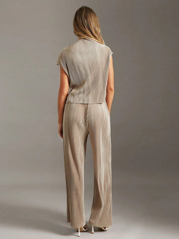 Essnce Solid Color Stand Collar Top With Cap Sleeves + Wide Leg Pants