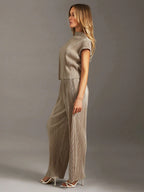 Essnce Solid Color Stand Collar Top With Cap Sleeves + Wide Leg Pants shein