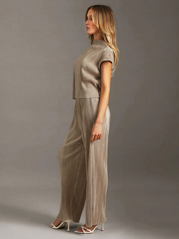 Essnce Solid Color Stand Collar Top With Cap Sleeves + Wide Leg Pants
