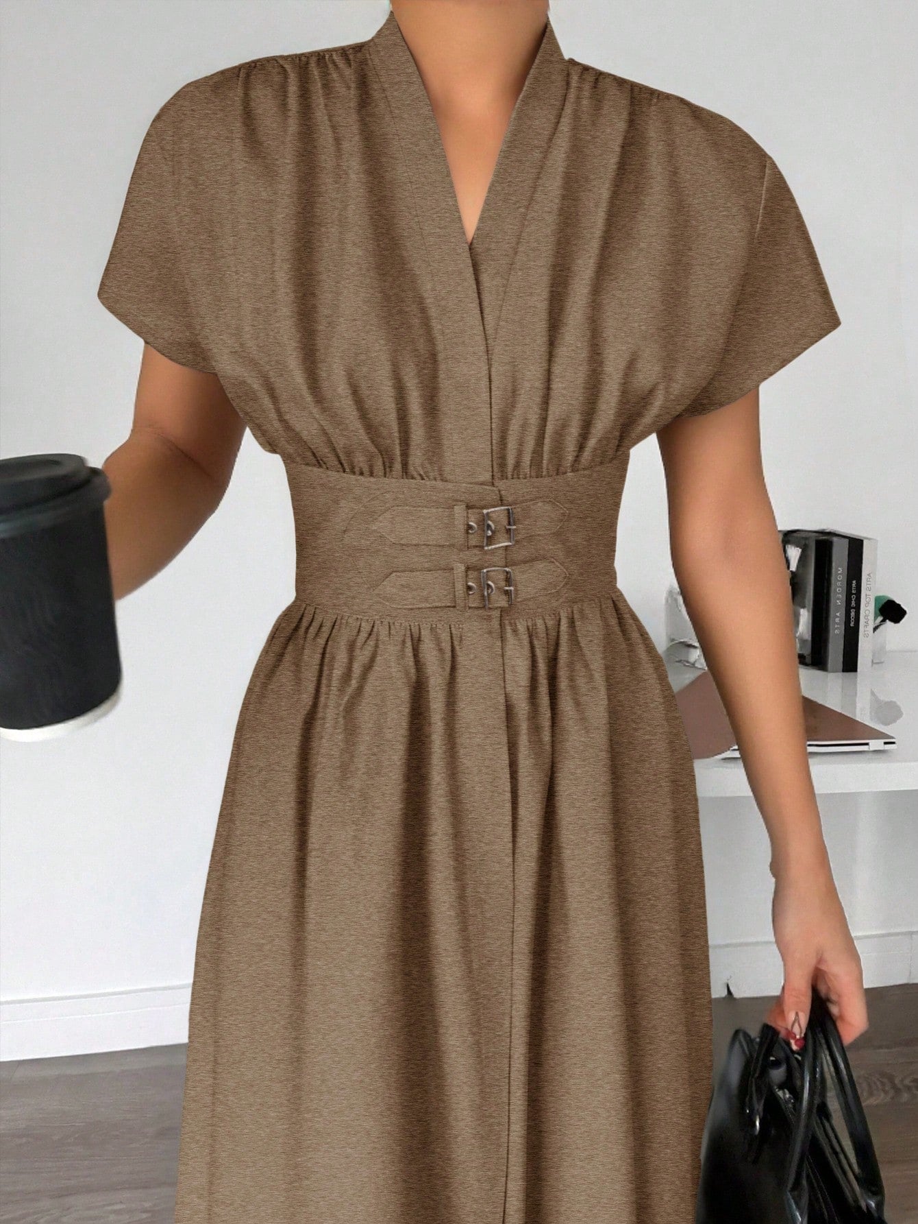 Elegant Bamboo Knit V-Neck Open Front Cinched Waist Dropped Shoulder Shirt Dress shein