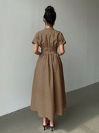 Elegant Bamboo Knit V-Neck Open Front Cinched Waist Dropped Shoulder Shirt Dress shein