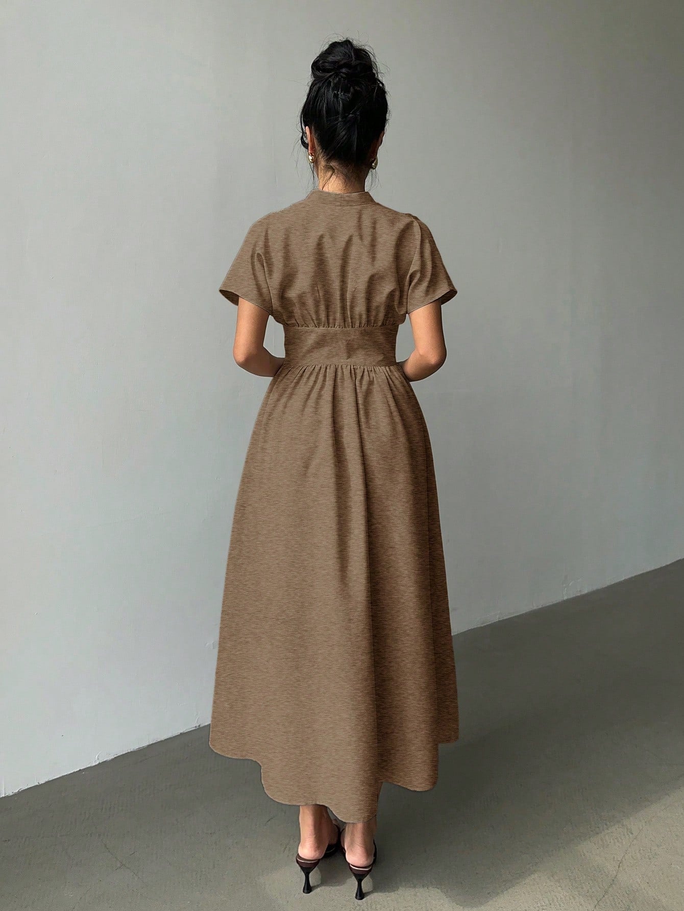 Elegant Bamboo Knit V-Neck Open Front Cinched Waist Dropped Shoulder Shirt Dress shein