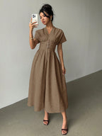 Elegant Bamboo Knit V-Neck Open Front Cinched Waist Dropped Shoulder Shirt Dress shein