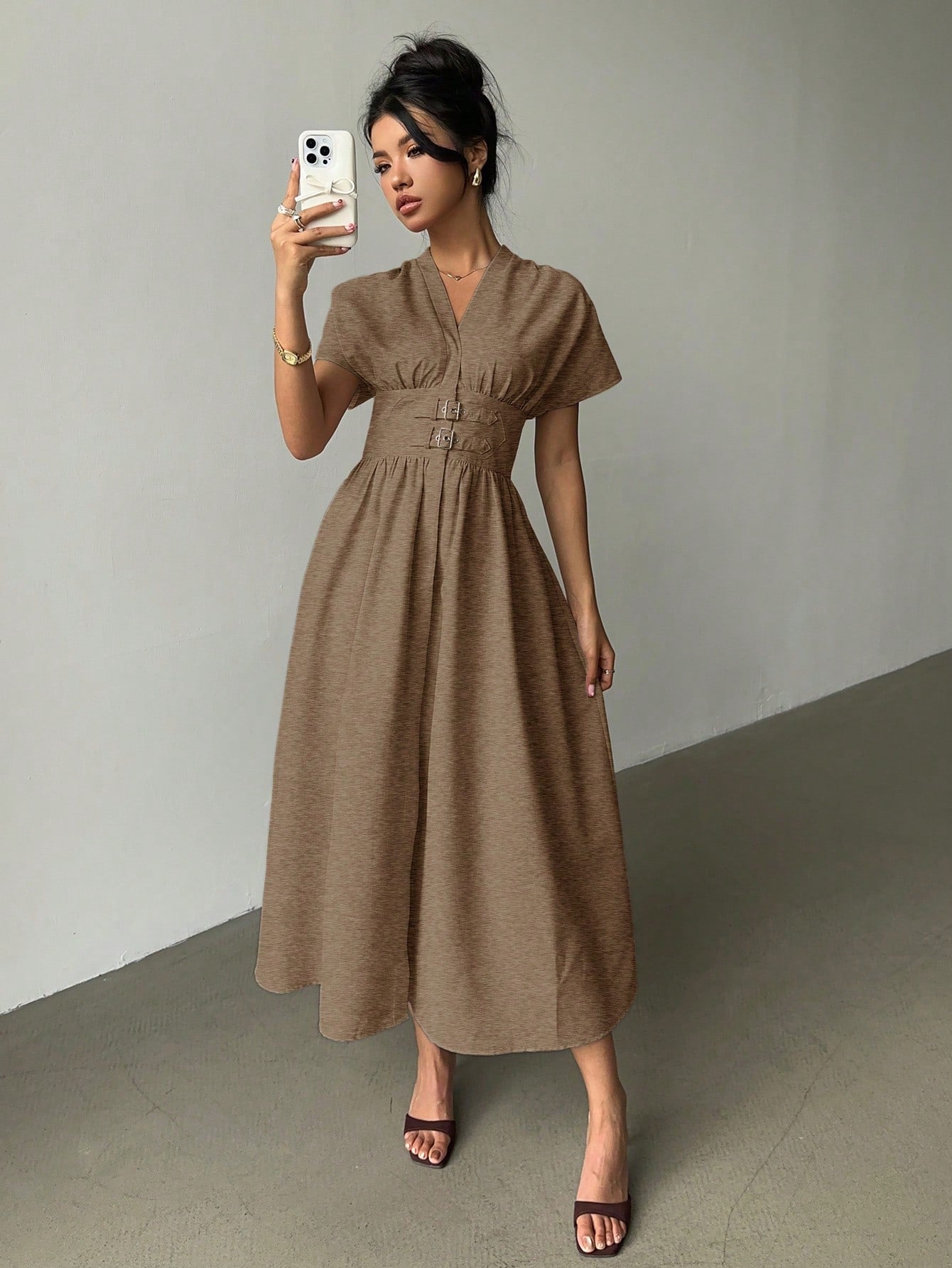 Elegant Bamboo Knit V-Neck Open Front Cinched Waist Dropped Shoulder Shirt Dress shein