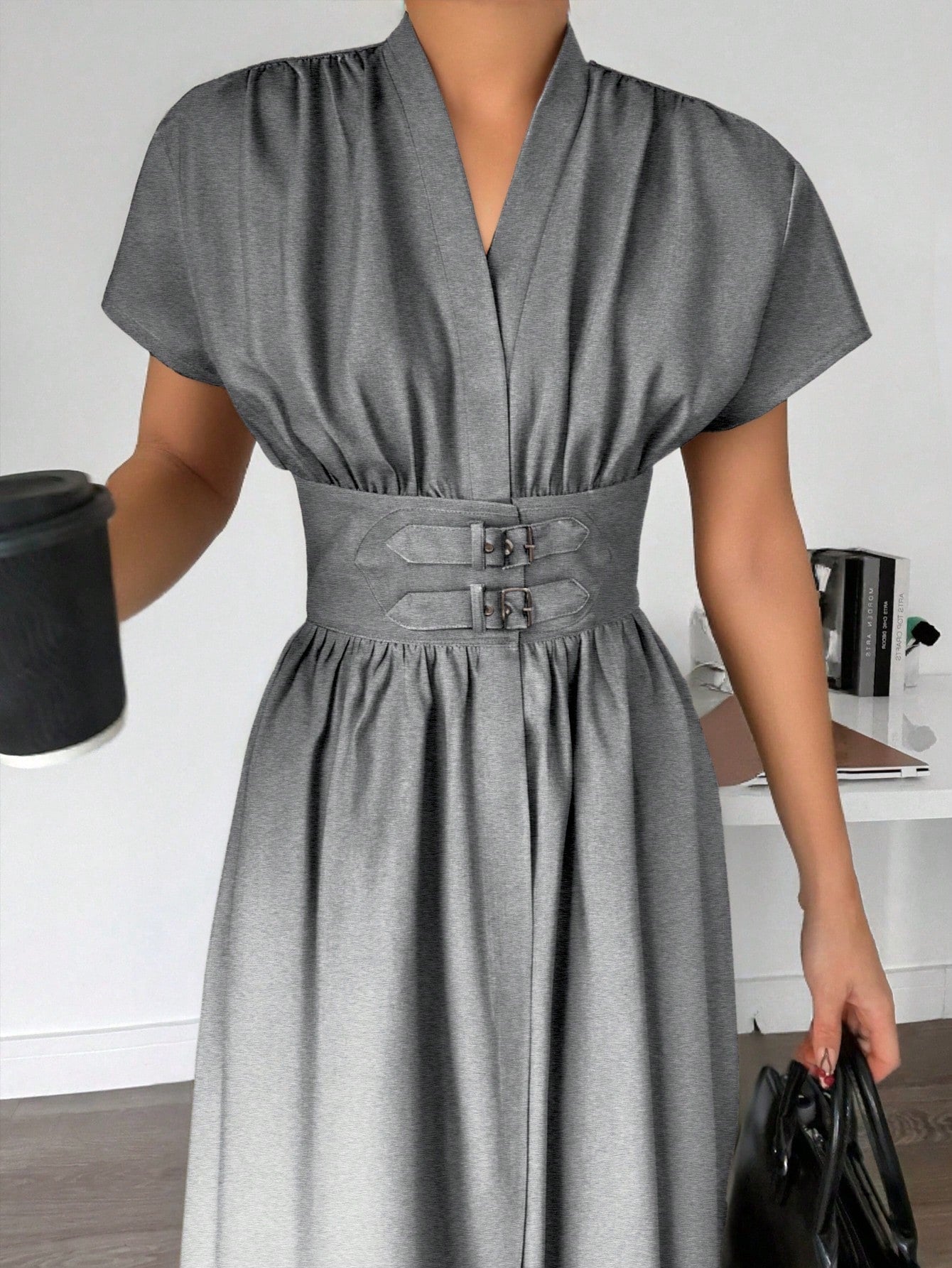 Elegant Bamboo Knit V-Neck Open Front Cinched Waist Dropped Shoulder Shirt Dress shein