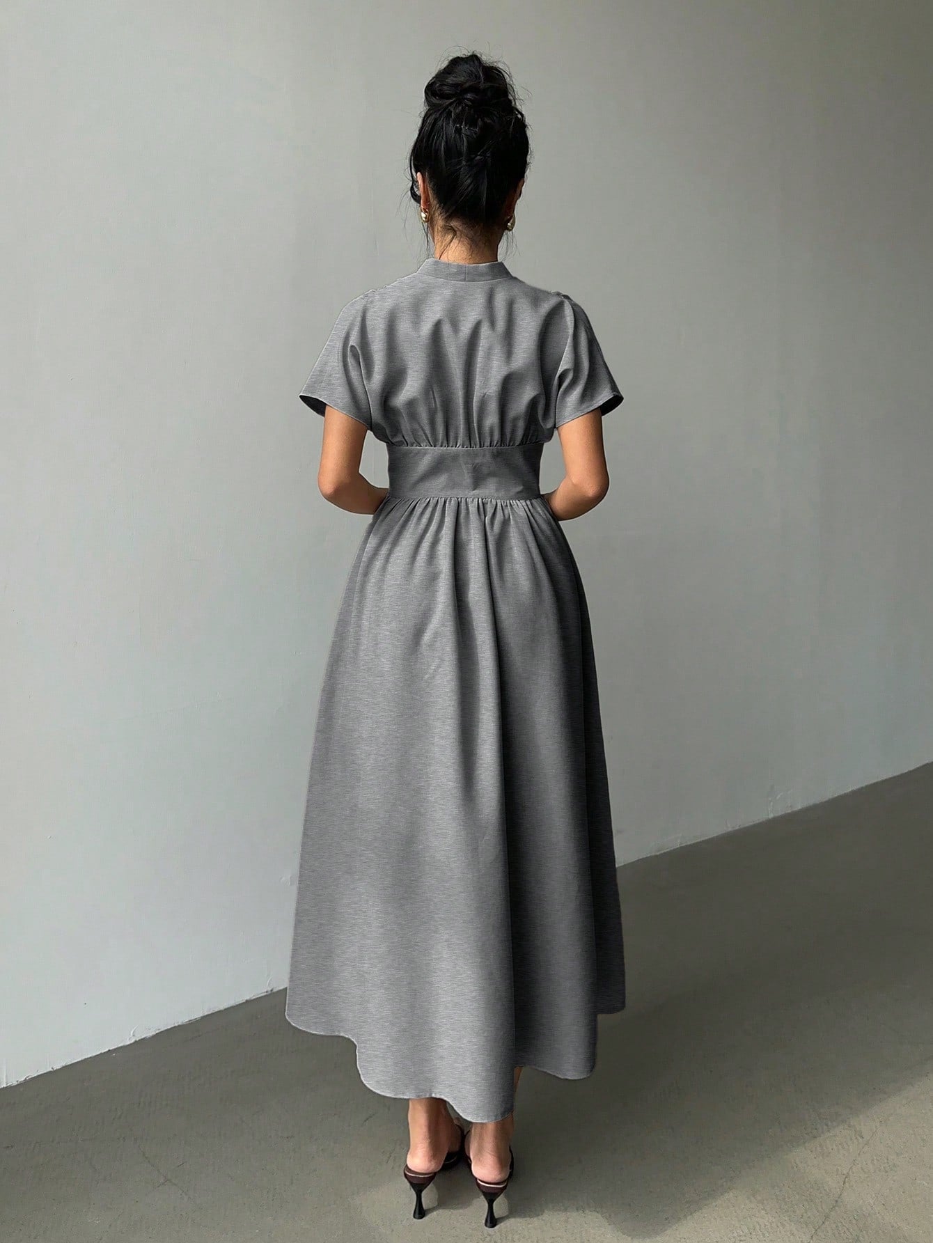 Elegant Bamboo Knit V-Neck Open Front Cinched Waist Dropped Shoulder Shirt Dress shein