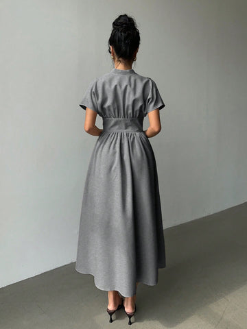 Elegant Bamboo Knit V-Neck Open Front Cinched Waist Dropped Shoulder Shirt Dress