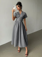 Elegant Bamboo Knit V-Neck Open Front Cinched Waist Dropped Shoulder Shirt Dress shein