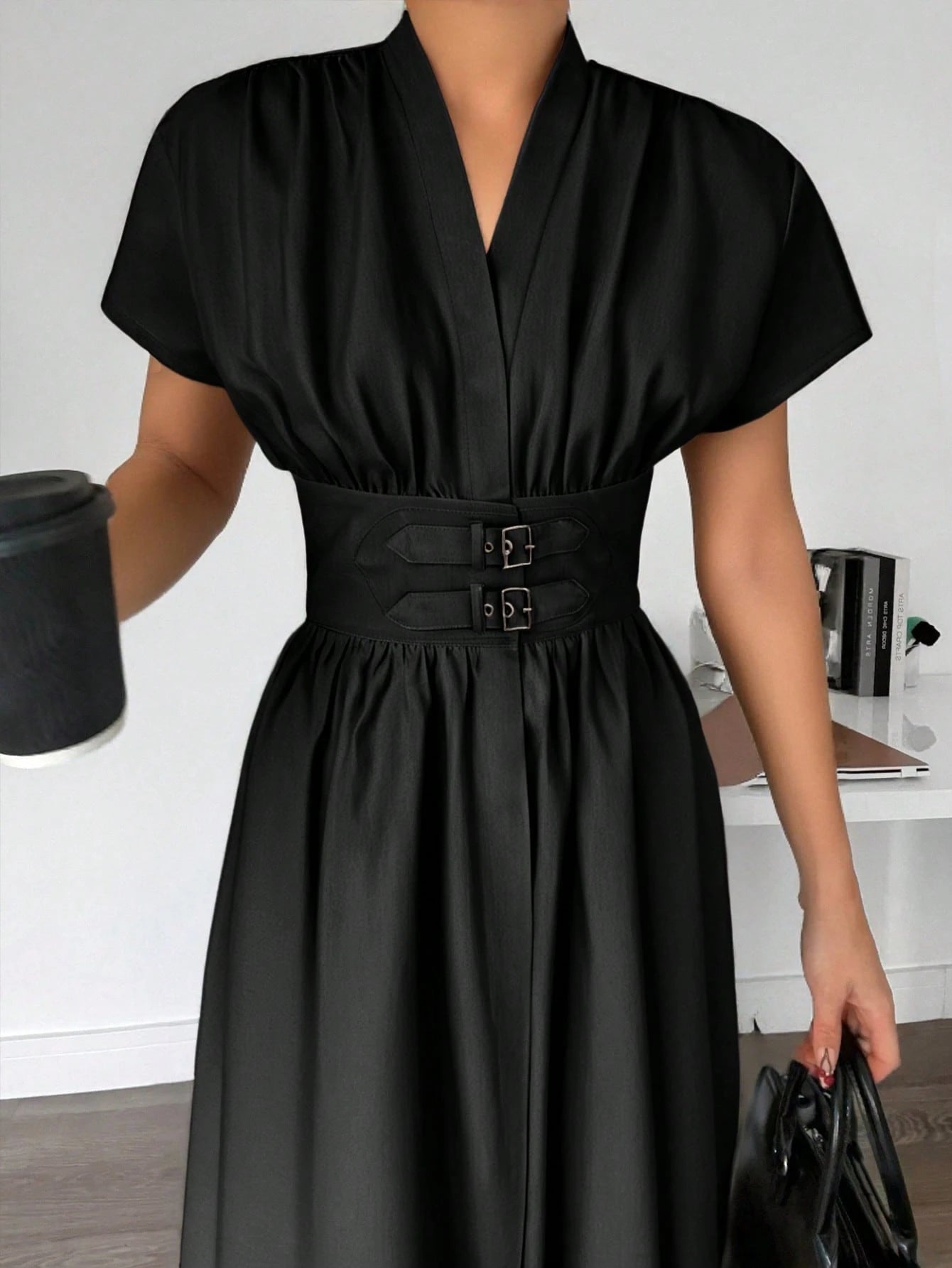 Elegant Bamboo Knit V-Neck Open Front Cinched Waist Dropped Shoulder Shirt Dress shein