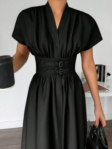 Elegant Bamboo Knit V-Neck Open Front Cinched Waist Dropped Shoulder Shirt Dress