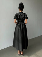 Elegant Bamboo Knit V-Neck Open Front Cinched Waist Dropped Shoulder Shirt Dress shein