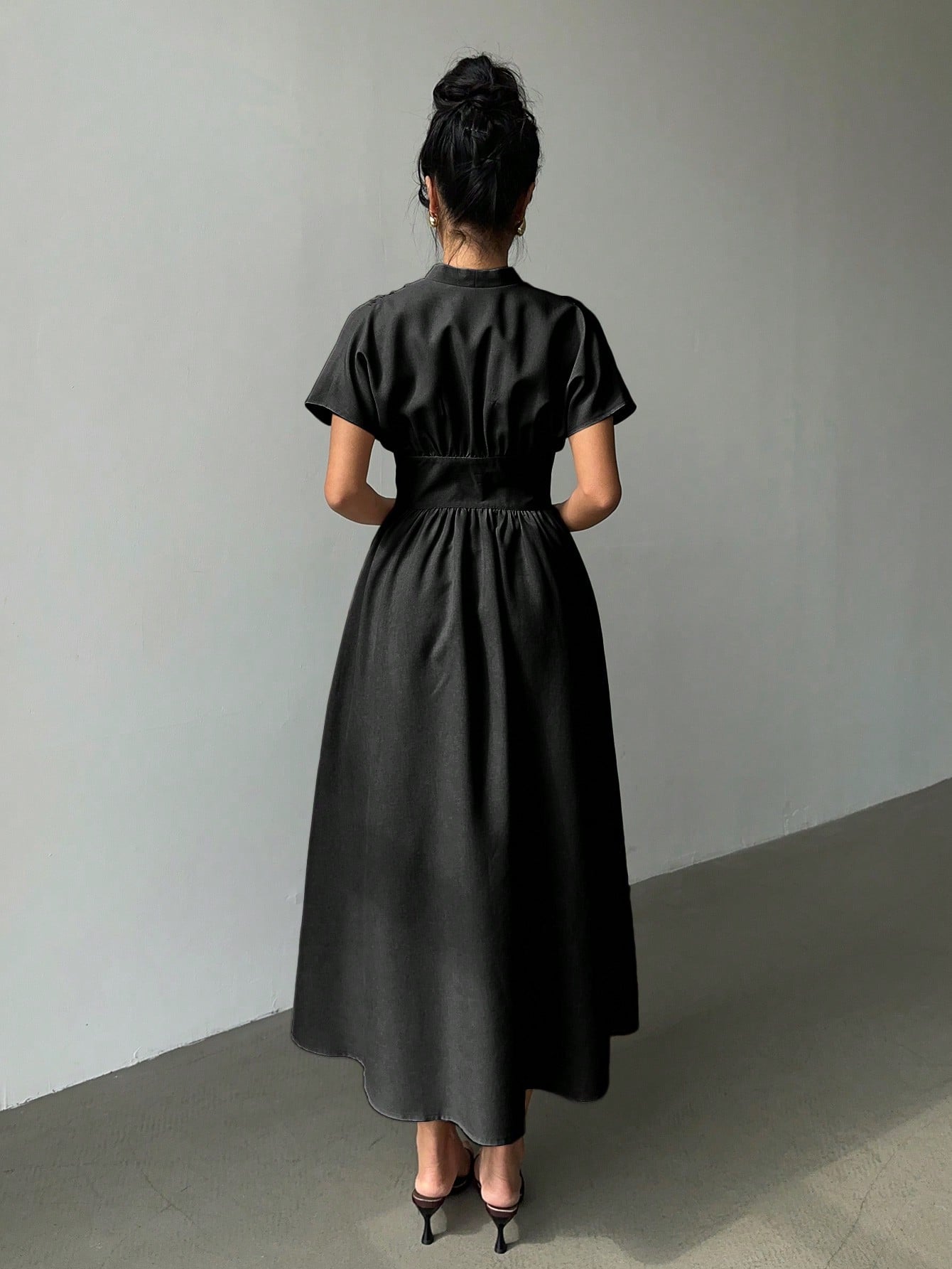 Elegant Bamboo Knit V-Neck Open Front Cinched Waist Dropped Shoulder Shirt Dress shein