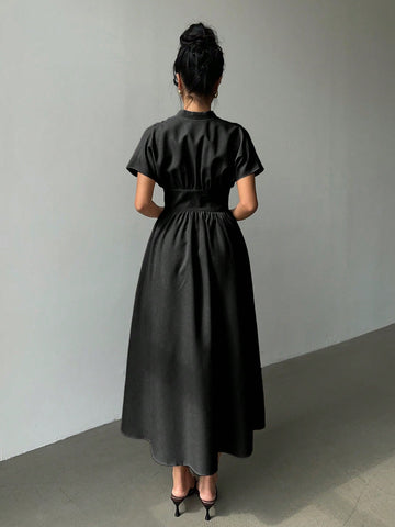 Elegant Bamboo Knit V-Neck Open Front Cinched Waist Dropped Shoulder Shirt Dress