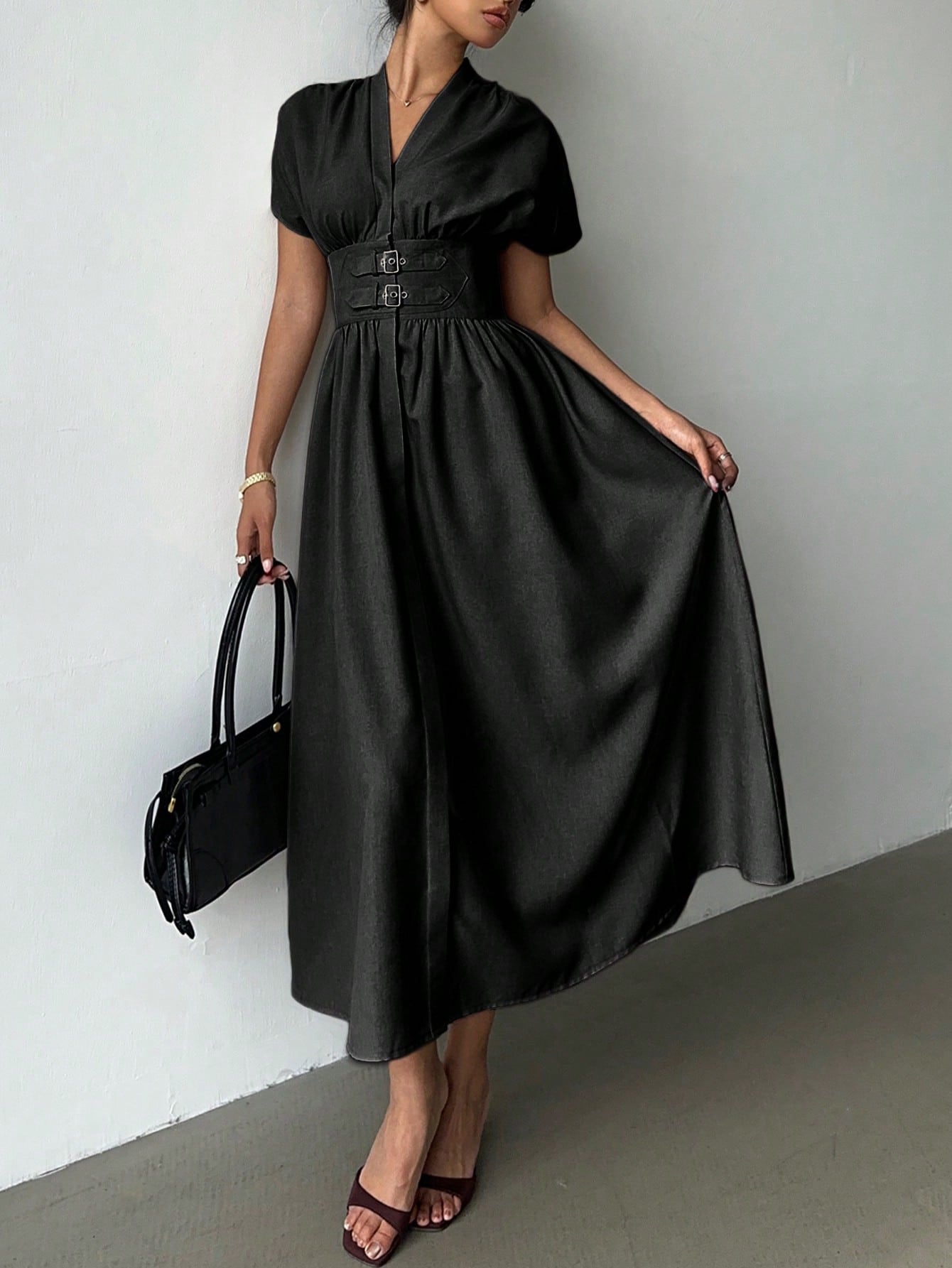 Elegant Bamboo Knit V-Neck Open Front Cinched Waist Dropped Shoulder Shirt Dress shein