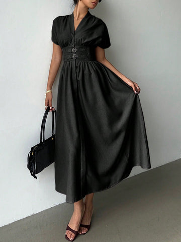 Elegant Bamboo Knit V-Neck Open Front Cinched Waist Dropped Shoulder Shirt Dress