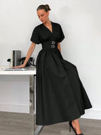 Elegant Bamboo Knit V-Neck Open Front Cinched Waist Dropped Shoulder Shirt Dress shein