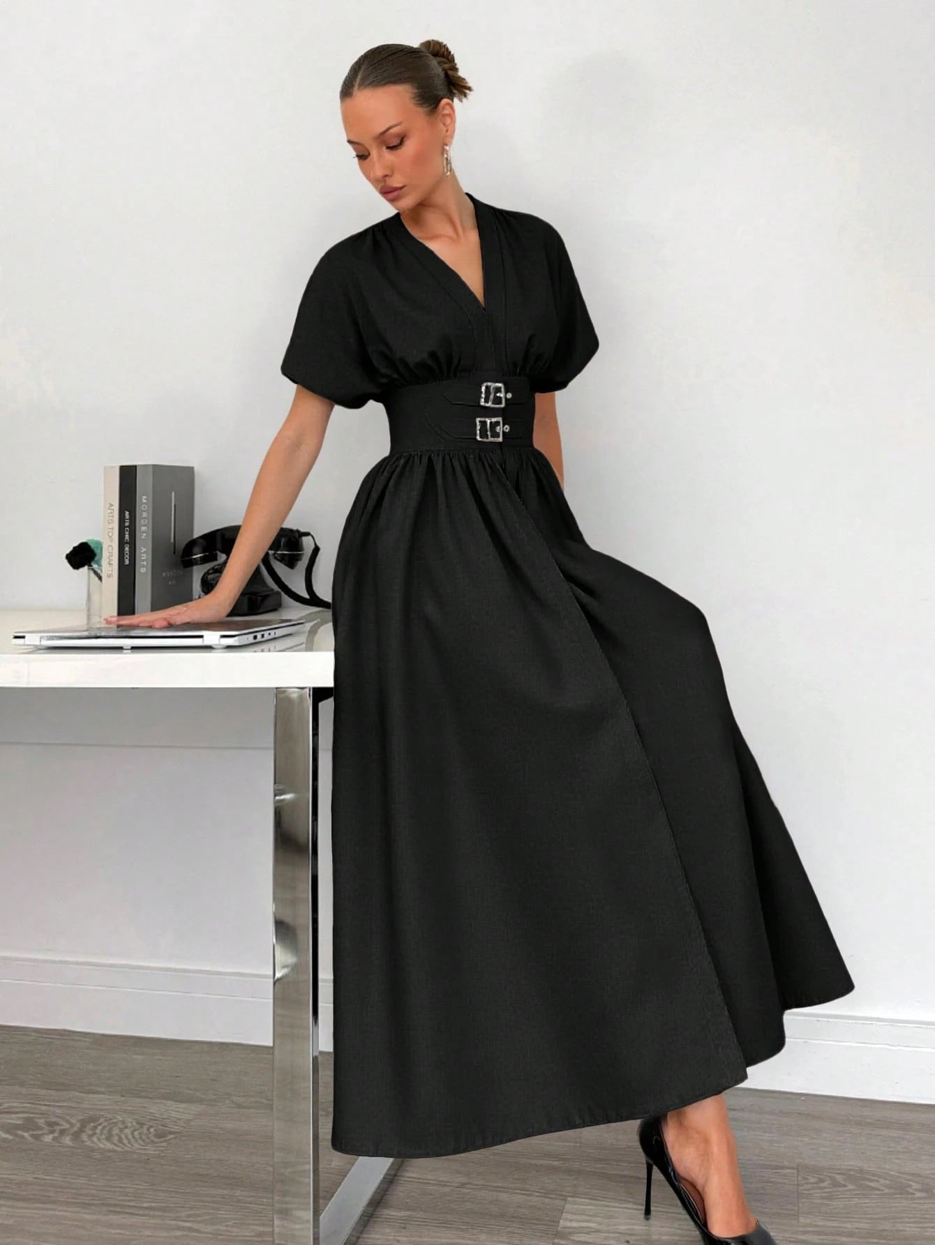 Elegant Bamboo Knit V-Neck Open Front Cinched Waist Dropped Shoulder Shirt Dress shein