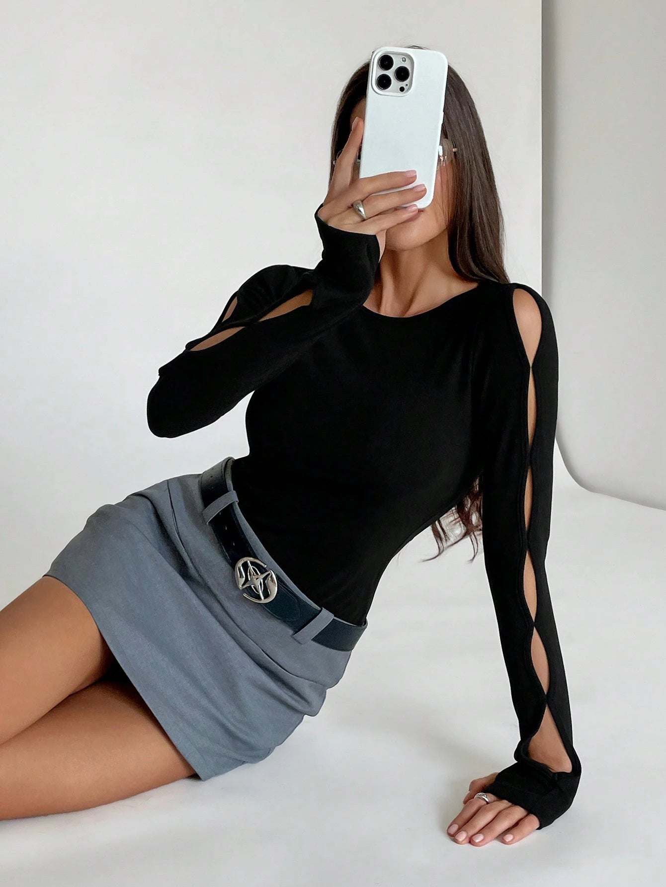 Round Neck Long Sleeve Hollow Simple Casual Top