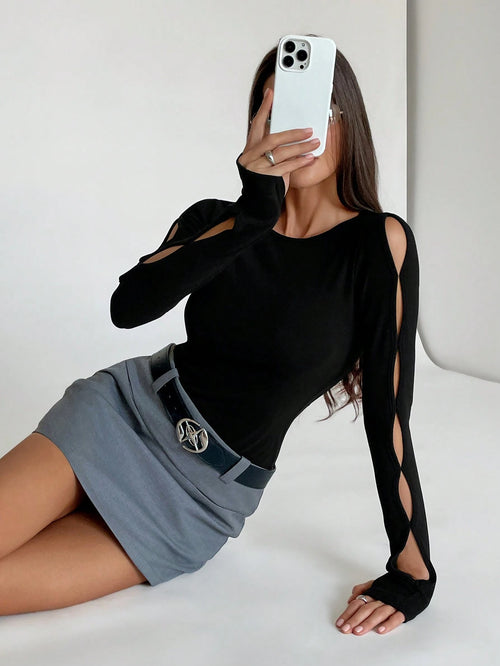 Round Neck Long Sleeve Hollow Simple Casual Top shein