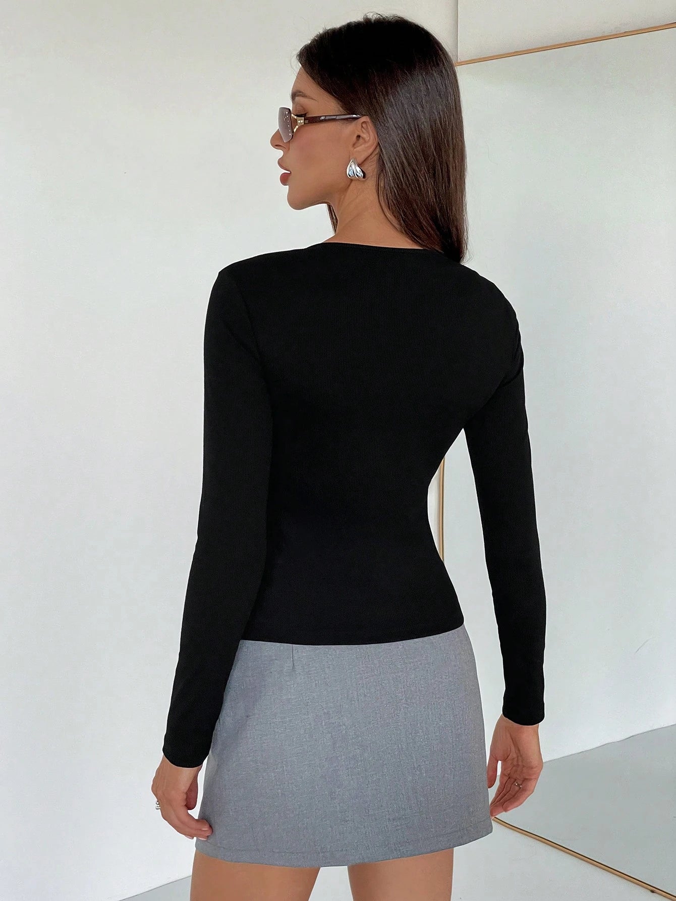 Round Neck Long Sleeve Hollow Simple Casual Top