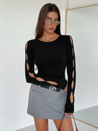 Round Neck Long Sleeve Hollow Simple Casual Top