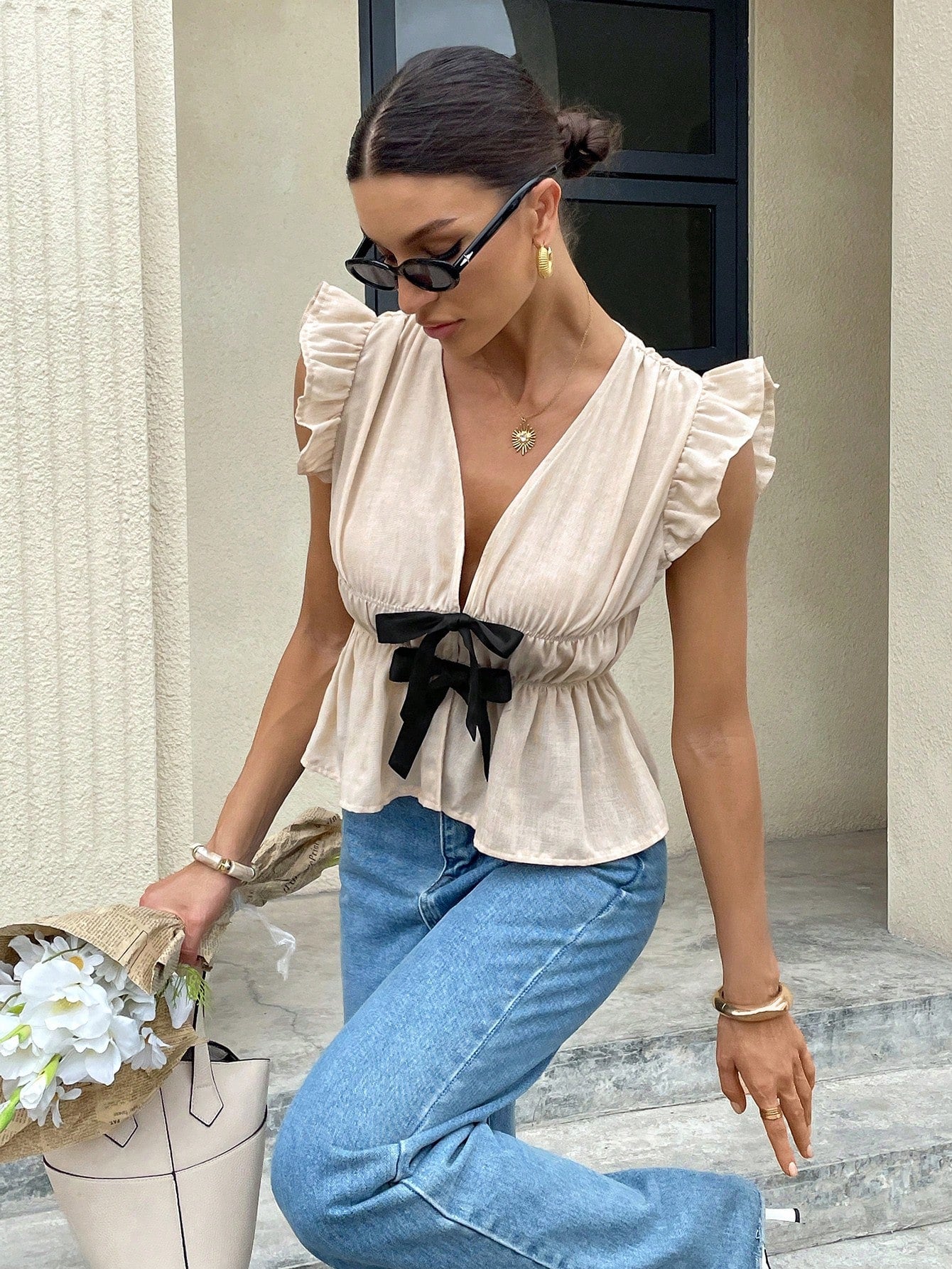 Women's Casual Tie Bow Decor Cap Sleeve Blouse