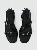 Square Toe Flat Bottom Black Strip Buckle Women's Flat Sandals shein