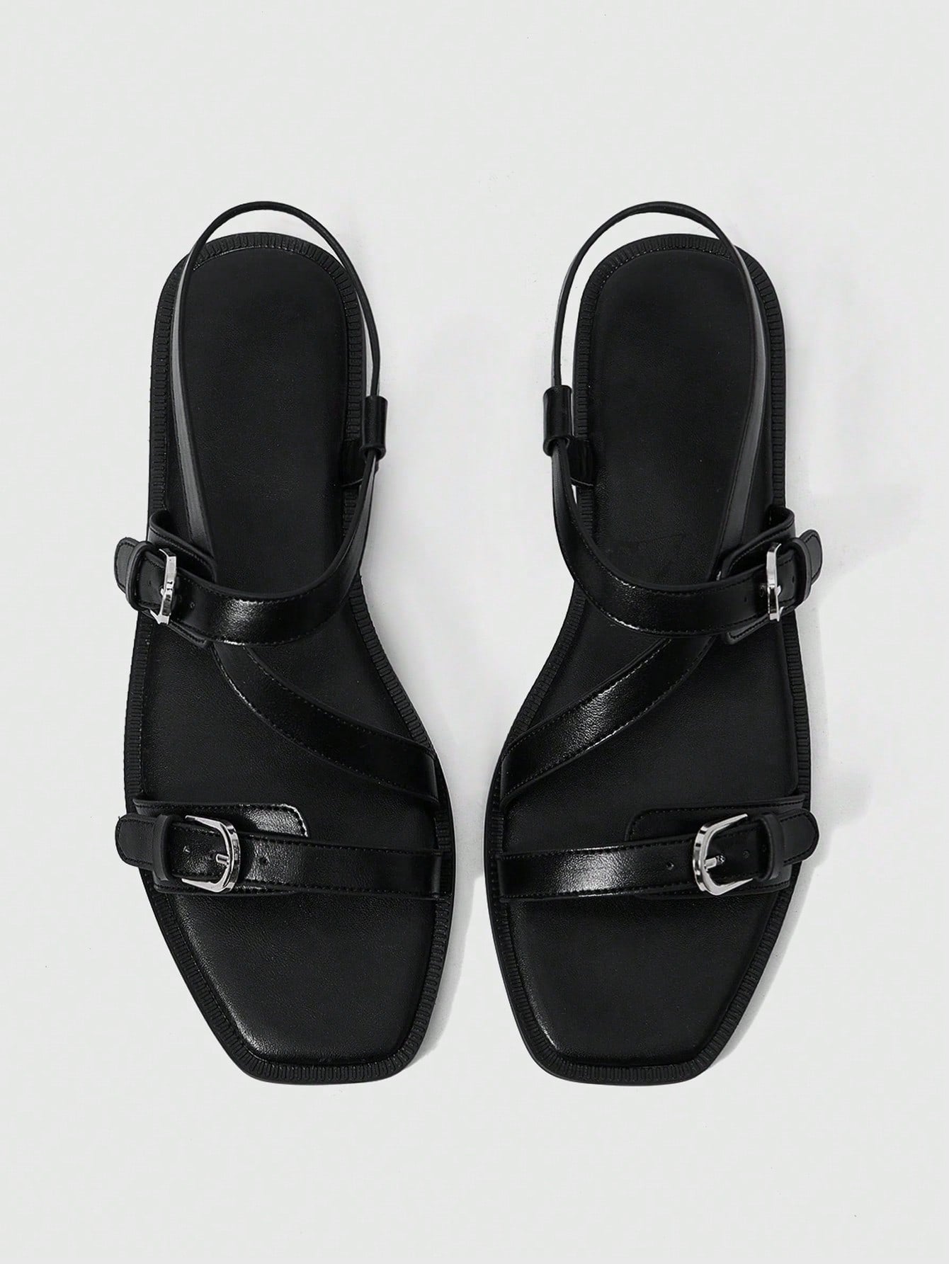 Square Toe Flat Bottom Black Strip Buckle Women's Flat Sandals shein