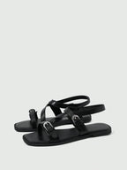 Square Toe Flat Bottom Black Strip Buckle Women's Flat Sandals shein