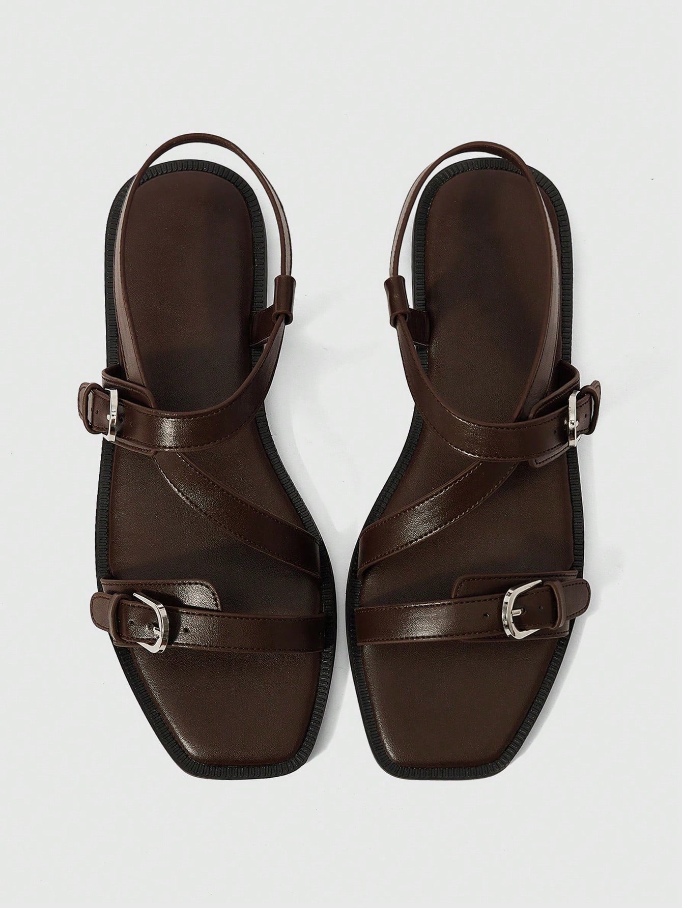Square Toe Flat Bottom Black Strip Buckle Women's Flat Sandals shein