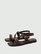 Square Toe Flat Bottom Black Strip Buckle Women's Flat Sandals shein