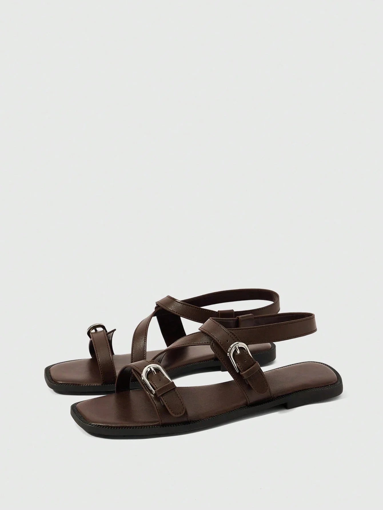 Square Toe Flat Bottom Black Strip Buckle Women's Flat Sandals shein