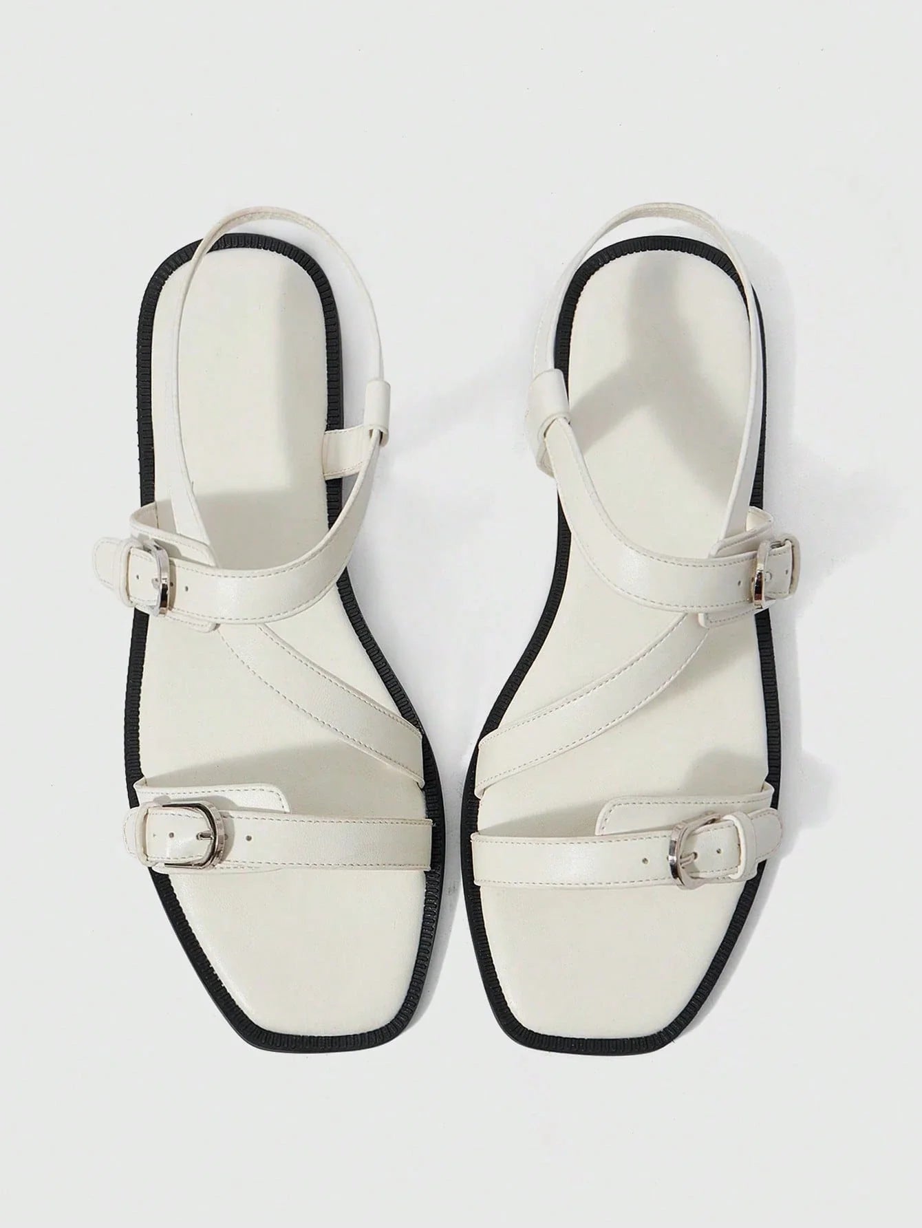 Square Toe Flat Bottom Black Strip Buckle Women's Flat Sandals shein