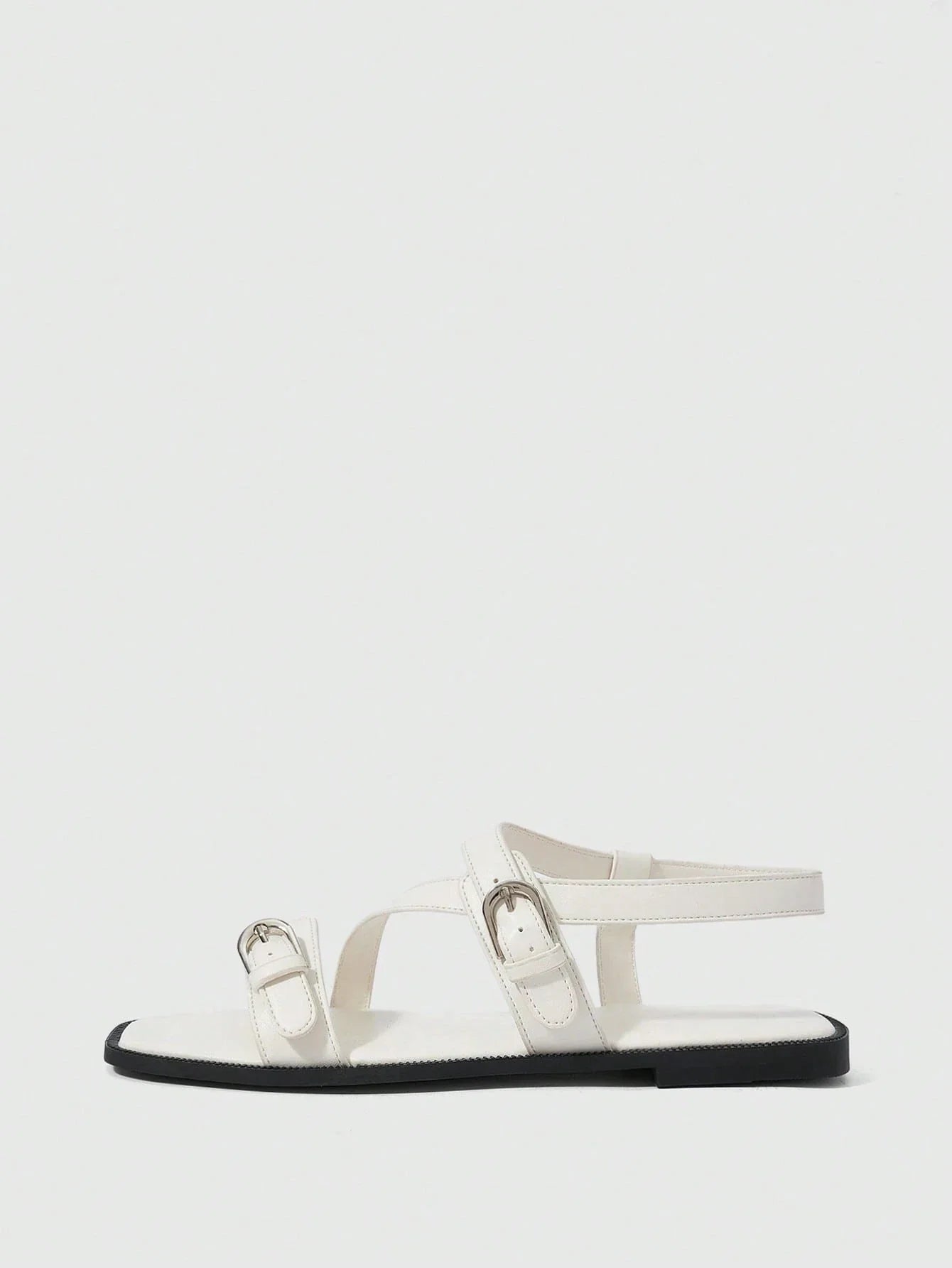 Square Toe Flat Bottom Black Strip Buckle Women's Flat Sandals shein