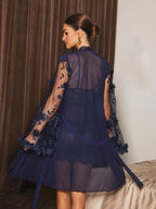 Women's Sleepwear Set With Embroidered Floral Mesh Slip Dress And Robe