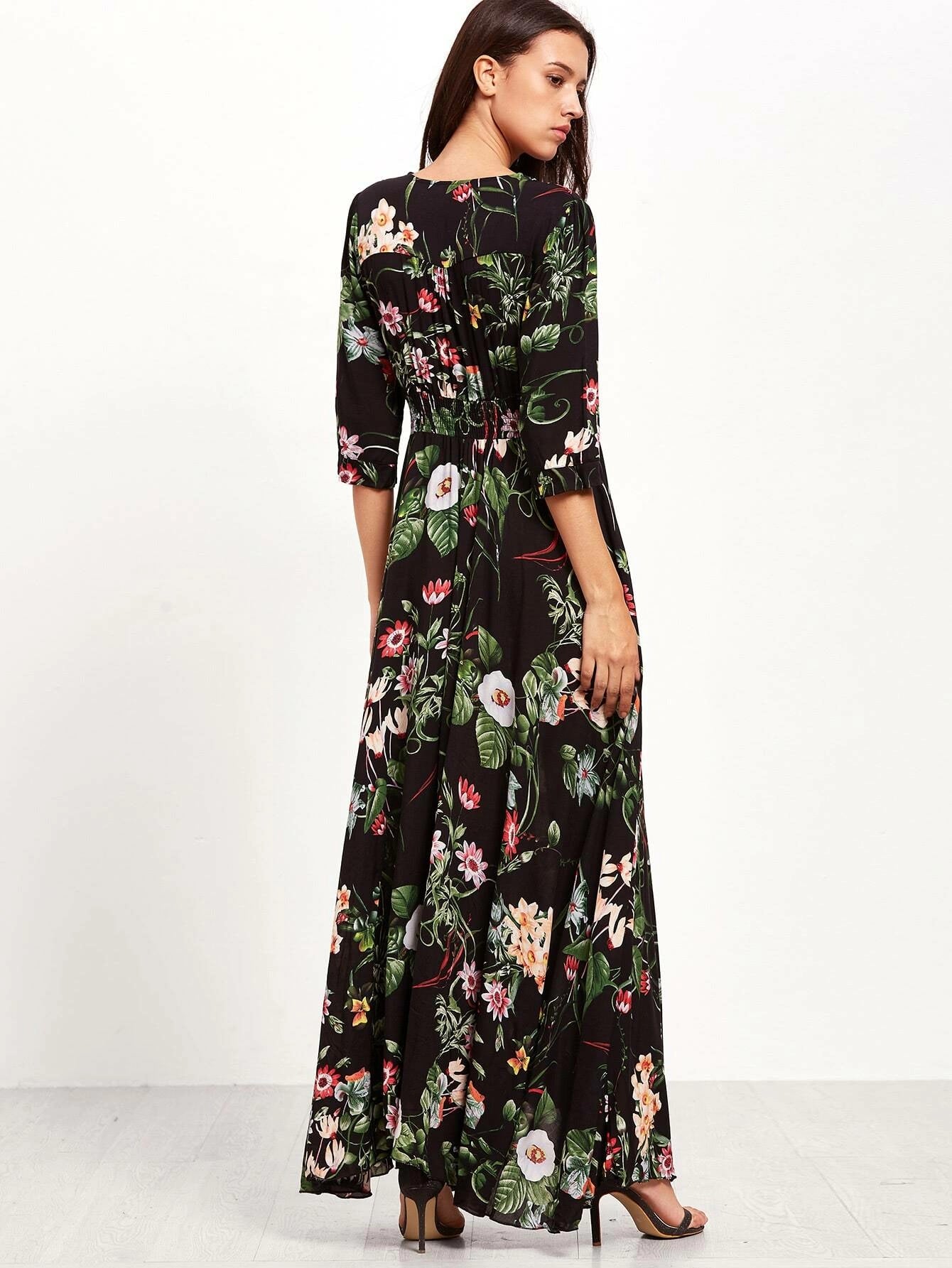 Smocked Waist Button Through Floral Maxi Dress shein