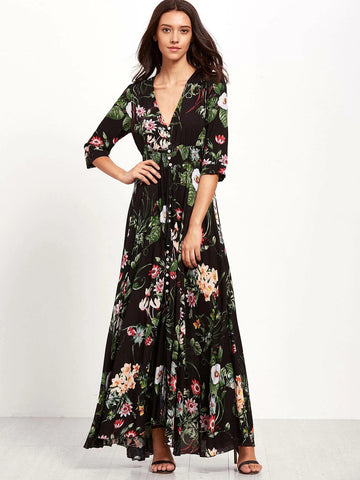 Smocked Waist Button Through Floral Maxi Dress shein