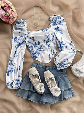 Romantic Casual Vacation Rose Floral Asymmetrical Hem & Lantern Sleeve Women's Blouse