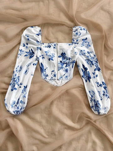Romantic Casual Vacation Rose Floral Asymmetrical Hem & Lantern Sleeve Women's Blouse