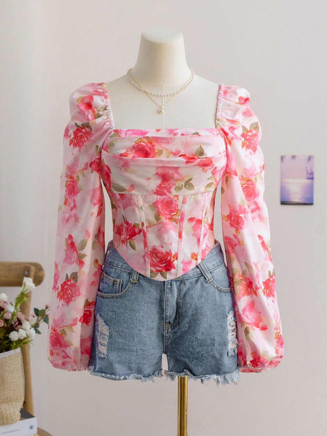 Romantic Casual Vacation Rose Floral Asymmetrical Hem & Lantern Sleeve Women's Blouse shein