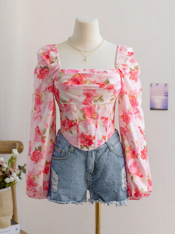 Romantic Casual Vacation Rose Floral Asymmetrical Hem & Lantern Sleeve Women's Blouse