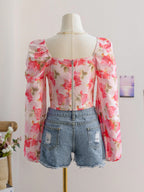 Romantic Casual Vacation Rose Floral Asymmetrical Hem & Lantern Sleeve Women's Blouse shein