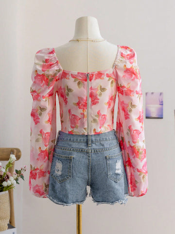 Romantic Casual Vacation Rose Floral Asymmetrical Hem & Lantern Sleeve Women's Blouse