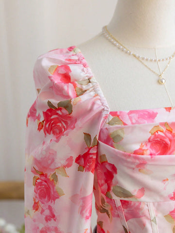 Romantic Casual Vacation Rose Floral Asymmetrical Hem & Lantern Sleeve Women's Blouse