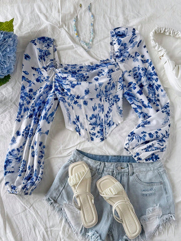 Romantic Casual Vacation Rose Floral Asymmetrical Hem & Lantern Sleeve Women's Blouse