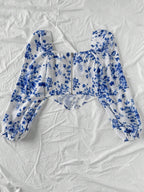 Romantic Casual Vacation Rose Floral Asymmetrical Hem & Lantern Sleeve Women's Blouse shein