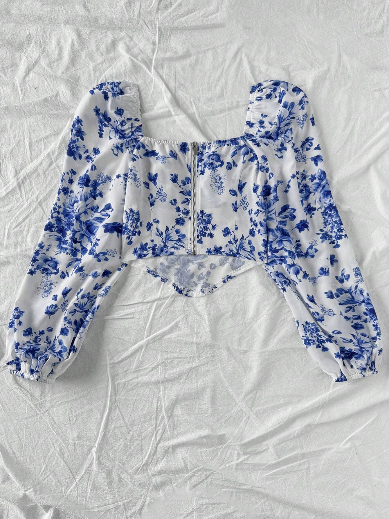 Romantic Casual Vacation Rose Floral Asymmetrical Hem & Lantern Sleeve Women's Blouse shein